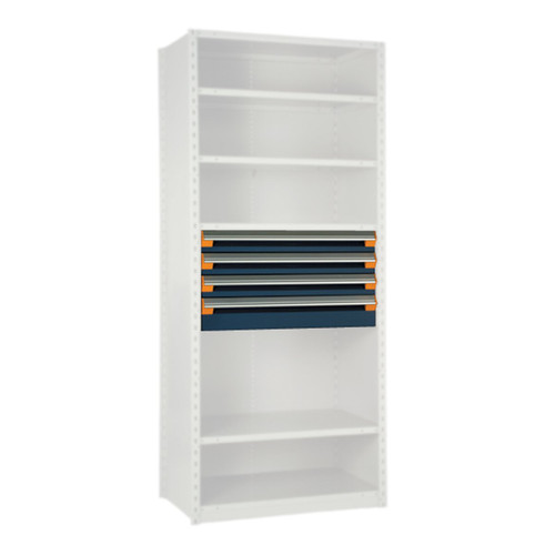 Modular Drawers For Shelving, 48" W x 24" D x 18" H, 4 Drawers, Three 4"H, One 6"H, Includes Dividers